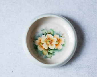 Vintage antique whiteware hand painted signed porcelain trinket dish flowers floral