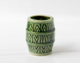 Vintage green ceramic barrel toothpick holder cup 1950s