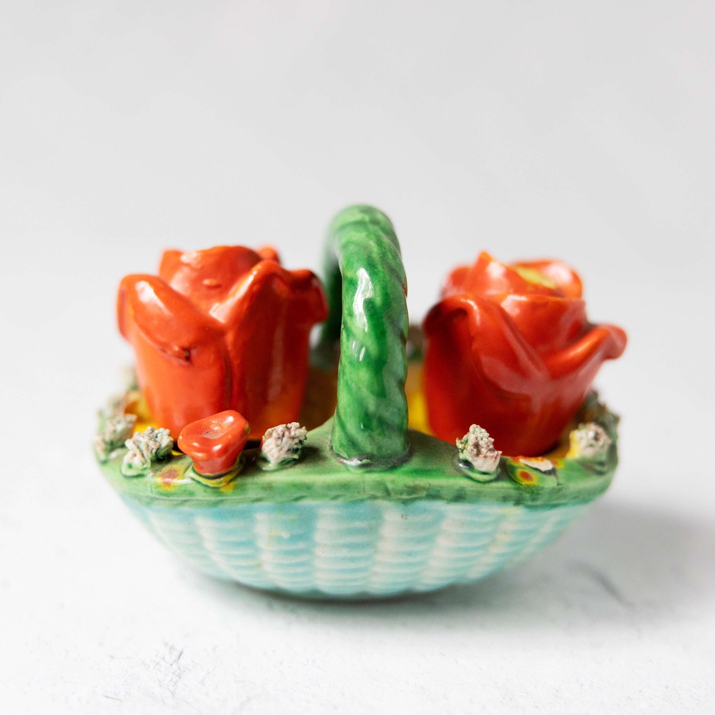 Vintage Porcelain Ceramic Roses Basket Salt Pepper Shakers Three