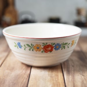 Könnte beinhalten: Eine weiße Keramik-Schüssel mit rotem Rand und einem Blumendesign mit blauen, gelben, orangefarbenen und grünen Blumen.