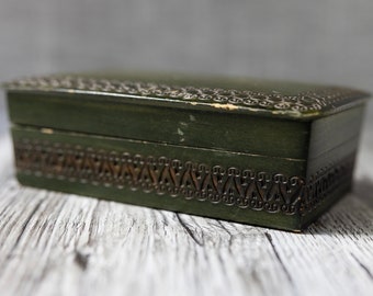 Vintage Poland carved wood wooden painted stained green hinged jewelry storage box