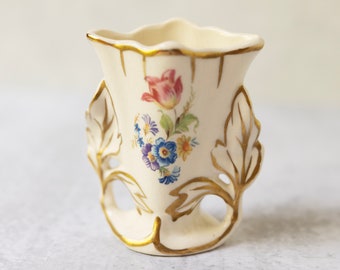Vintage miniature painted vase two handles porcelain flowers gold 3.5 inches