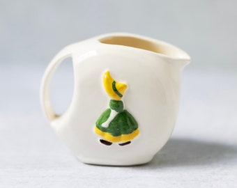 San Clemente small individual pitcher creamer vintage boy girl ceramic green white yellow