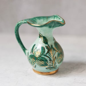 Delft Holland hand painted green capri gold vase pitcher creamer vintage image 1