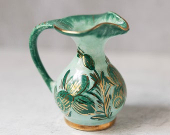 Delft Holland hand painted green capri gold vase pitcher creamer vintage