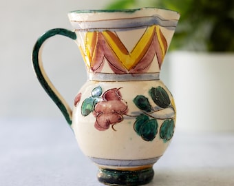 Vintage Italian pottery small ceramic pitcher with rustic floral design 5" tall