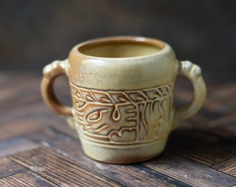 Vintage pottery ceramic Frankoma 7B desert gold Mayan Aztec cup sugar bowl two handles green brown