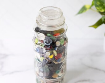 Vintage 1980 Planters peanut jar filled with buttons