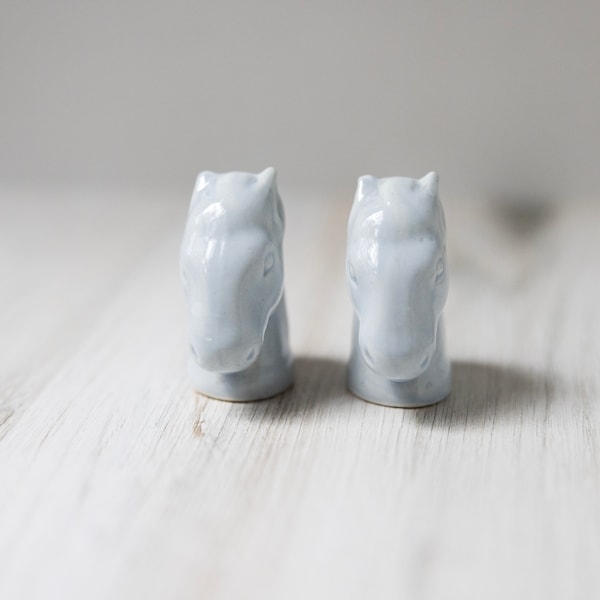 Light blue porcelain ceramic horse head salt pepper shakers vintage