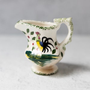 Vintage pottery small pitcher creamer rooster white green 2.5 inches