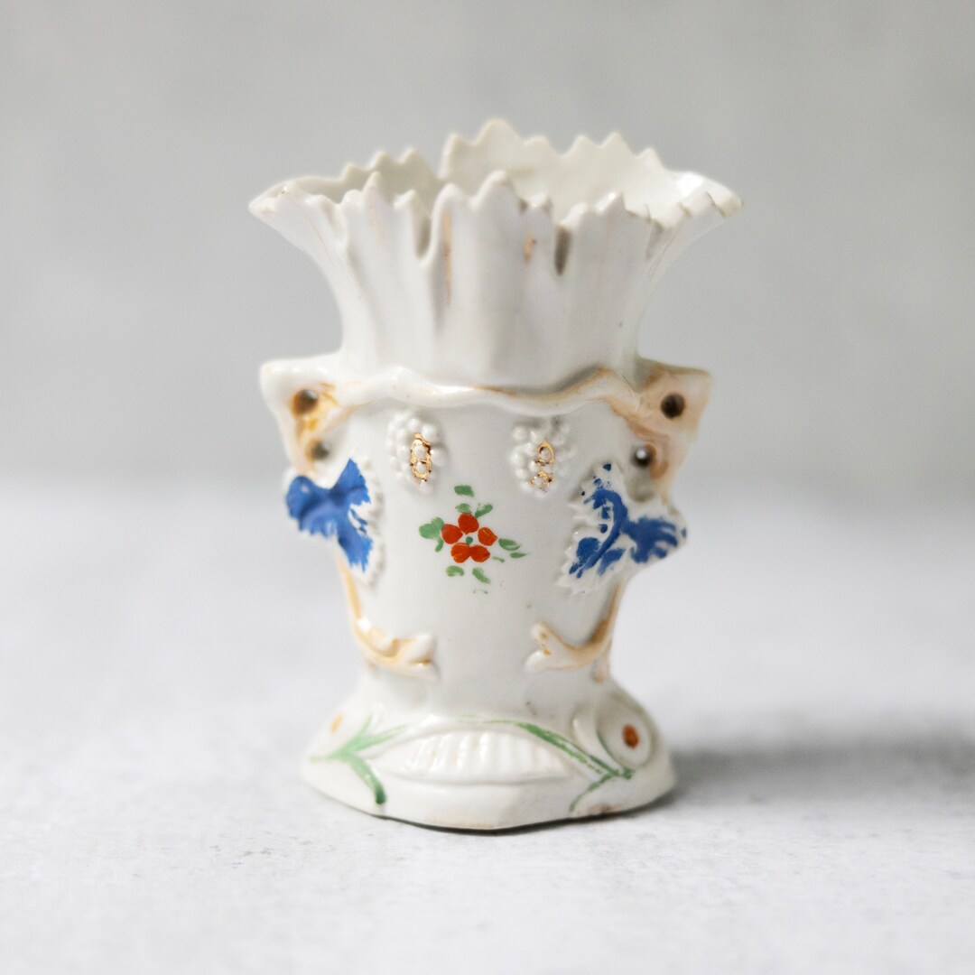 Vintage Small Painted Vase Two Handles Porcelain Flowers White Blue Etsy