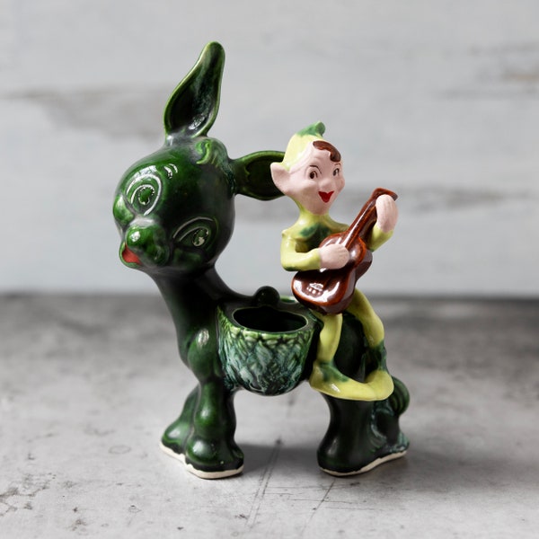 Vintage ceramic green pixie donkey planter MCM kitsch