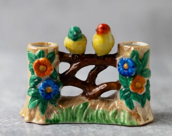 Vintage Japan luster ware bird birds porcelain ceramic vase with flowers note damage