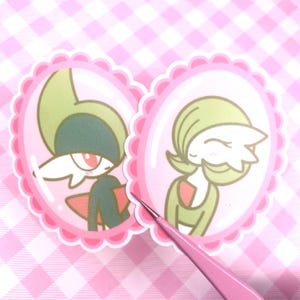 Puede incluir: Dos pegatinas con personajes de dibujos animados dentro de marcos ovalados rosas con bordes festoneados. Un personaje tiene rasgos verdes y negros, el otro tiene rasgos verdes y blancos. Las pegatinas están sobre una superficie a cuadros rosa y blanco.