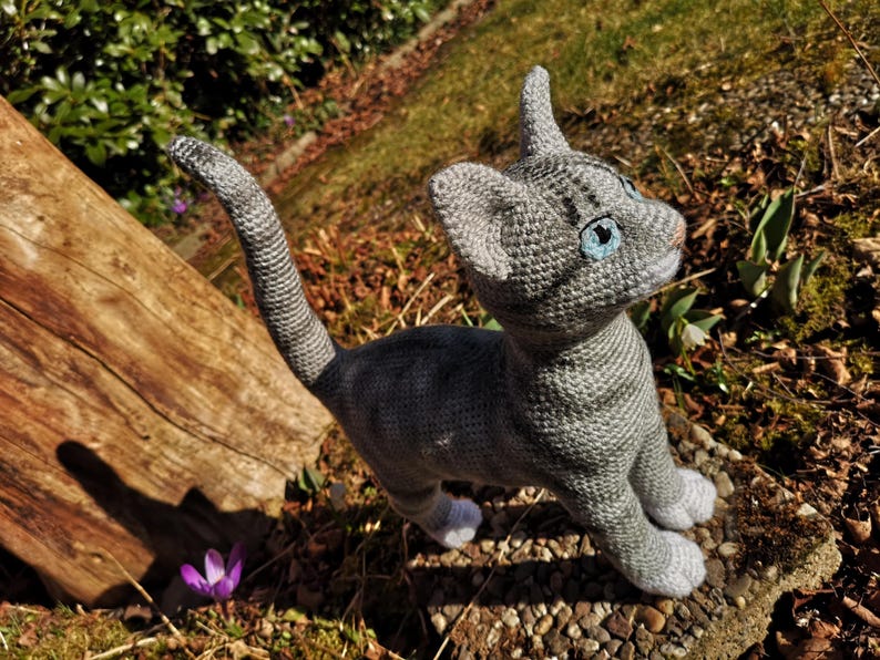May include: A gray crocheted cat with blue eyes, standing on a bed of gravel and leaves. The cat is looking up and has a white patch on its chest.