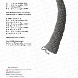 May include: Crochet pattern instructions for making a gray tail. The pattern includes instructions for crocheting the tail in rounds and stuffing it with fiberfill. The pattern also includes a diagram of the tail.