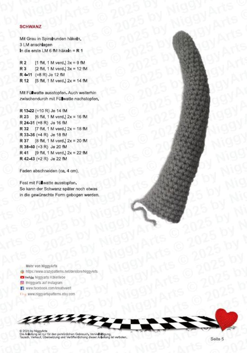 May include: Crochet pattern instructions for making a gray tail. The pattern includes instructions for crocheting the tail in rounds and stuffing it with fiberfill. The pattern also includes a diagram of the tail.