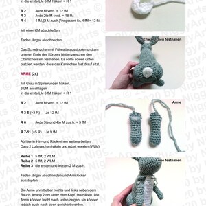 May include: Crochet pattern instructions for making a bunny rabbit. The pattern includes instructions for making the tail, arms, and body of the bunny. The pattern is written in German.