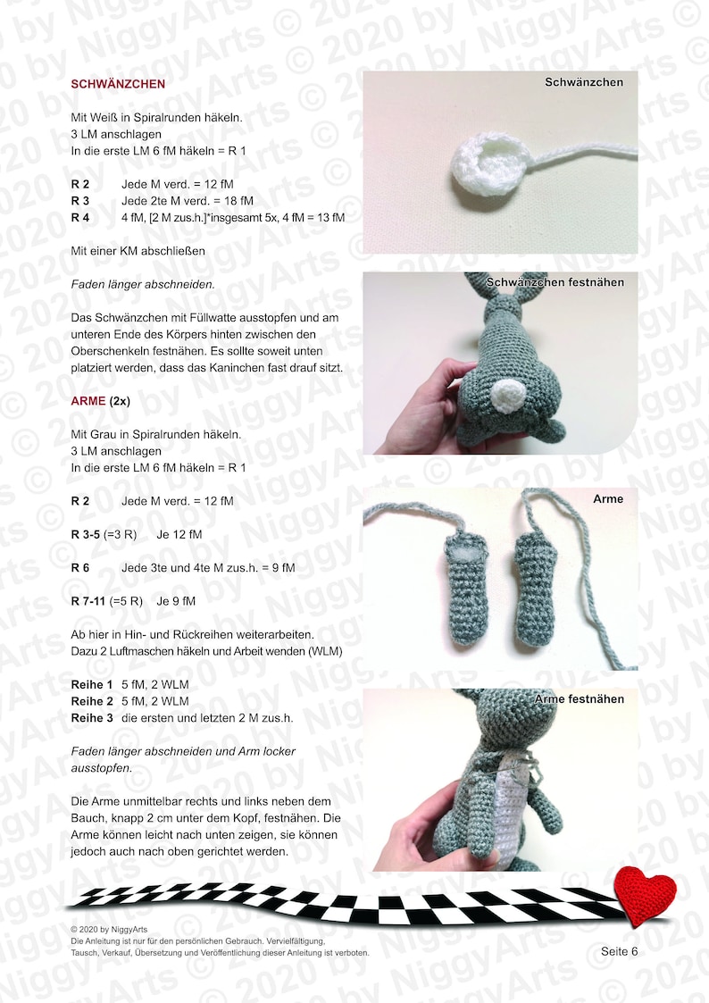 May include: Crochet pattern instructions for making a bunny rabbit. The pattern includes instructions for making the tail, arms, and body of the bunny. The pattern is written in German.