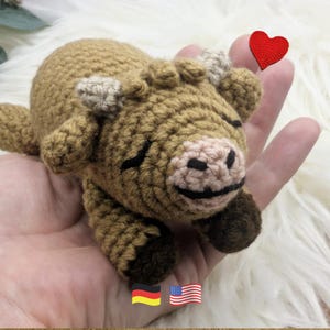 Può includere: Un piccolo peluche di mucca highland all'uncinetto color marrone chiaro con corna beige, muso rosa pallido e zoccoli marrone scuro. Il giocattolo presenta occhi e bocca ricamati in nero. Un piccolo cuore rosso è posizionato sopra la testa.