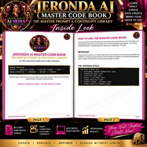 May include: An open book titled Jeronda AI Master Code Book, The Master Prompt & Continuity Library. Page 1 lists a master workflow and page 2 provides instructions on how to use the codes, including a list of seven specific codes for AI video creation.