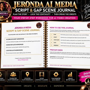 May include: A spiral-bound workbook titled Jeronda AI Media Script & Gap Scene Journal. The open pages feature text instructions for AI video creation, including sections for planning, script writing, and gap checking. The cover includes gold accents.