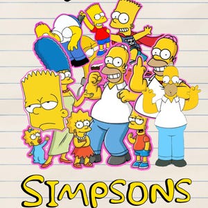 May include: A vibrant illustration of the Simpsons family against a backdrop of lined paper. The words "THE SIMPSONS" are in yellow with black outlines. The characters are depicted in their iconic yellow hues, each with unique attire and expressions.