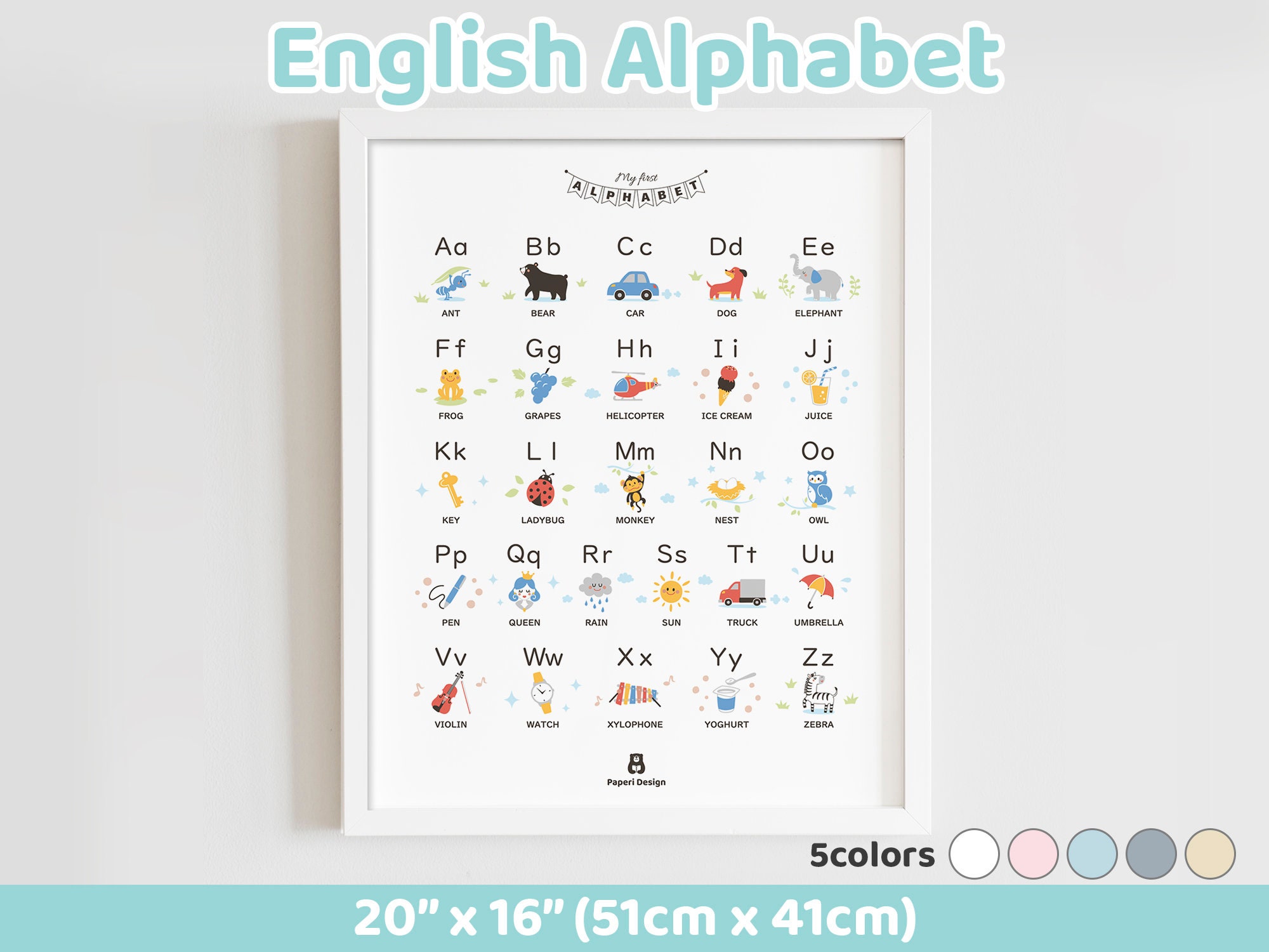 Alphabet Poster 20x16 Printed – ABC Wall Art for Kids, Nursery