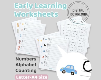 Hojas de trabajo de aprendizaje temprano en PDF / Práctica de conteo de números y alfabeto / Hojas imprimibles para niños para calcar letras A4 / Educación en casa, preescolar y jardín de infantes
