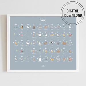Animal Hiragana Chart Gray, PRINTABLE Educational Hiragana Poster, DIGITAL DOWNLOAD, Japanese Wall Art, Kids Room Decor
