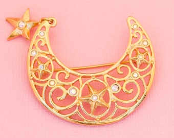 Vintage Art Nouveau Celestial Moon and Star Brooch | Avon | H19