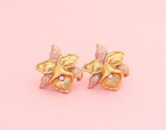 Vintage Bellflower Stud Earrings | Gold Tone Stud… - image 1