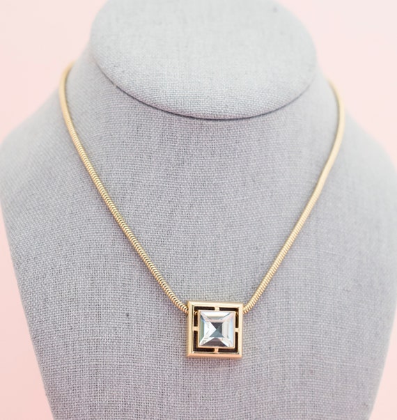 Vintage Gold Tone Box Diamond Necklace | 15.5 inc… - image 2