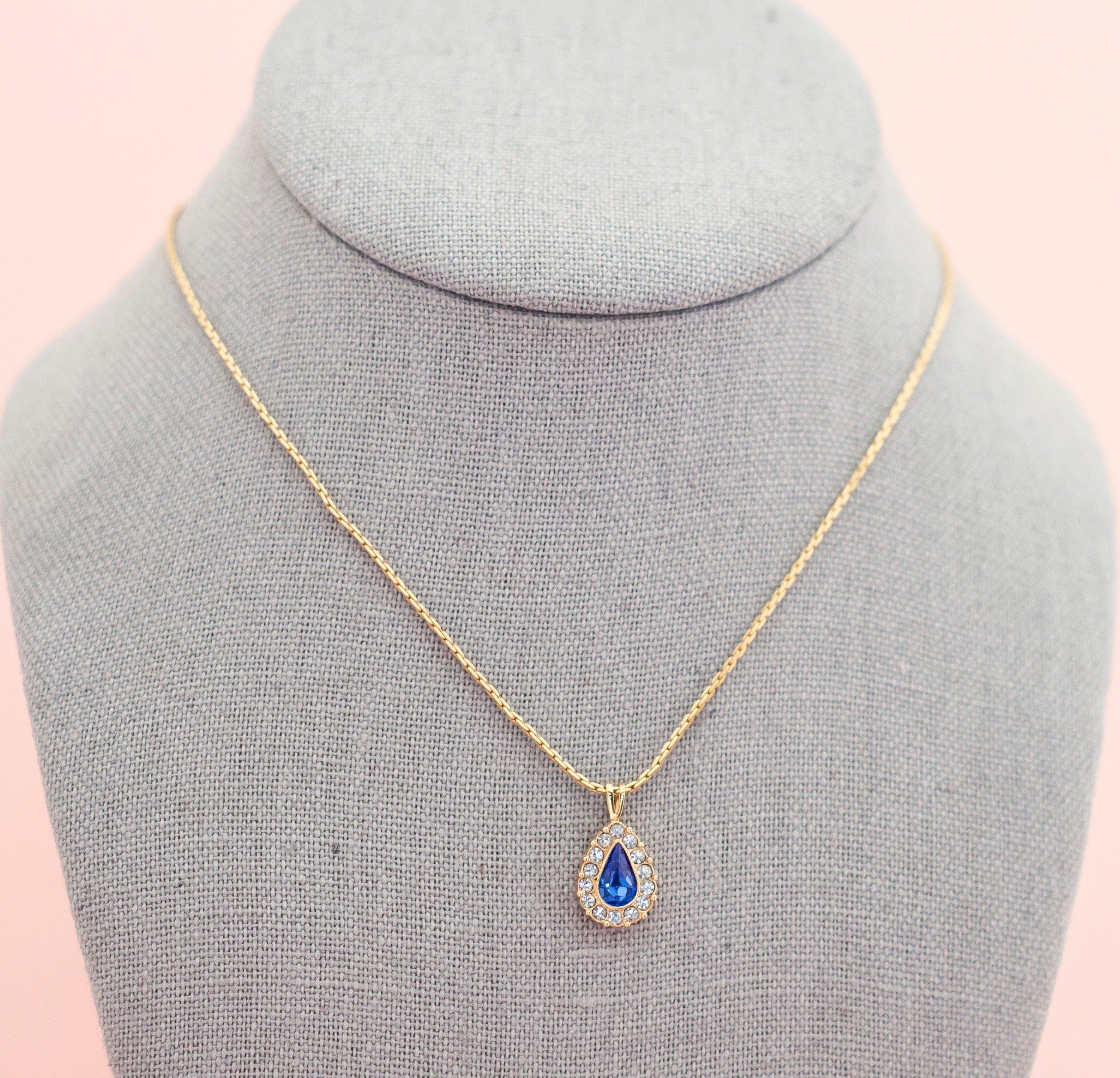 Vintage Sapphire Teardrop Necklace Diamond Rhinestones Etsy
