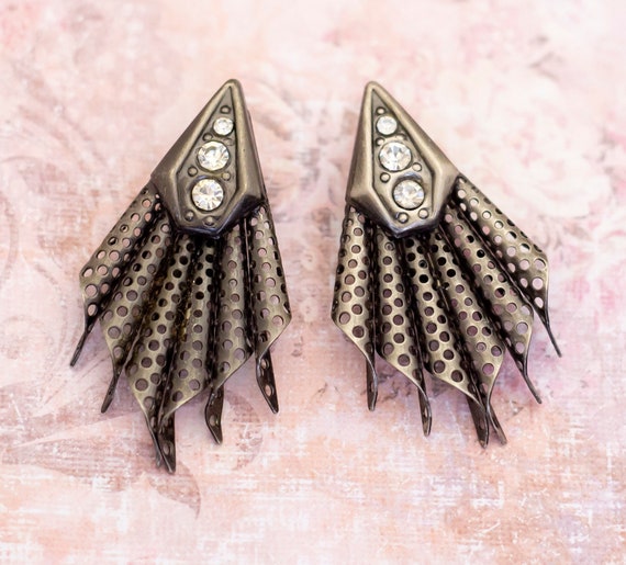 Vintage Spiky Silver Tone Clip On Earrings | H29 - image 1