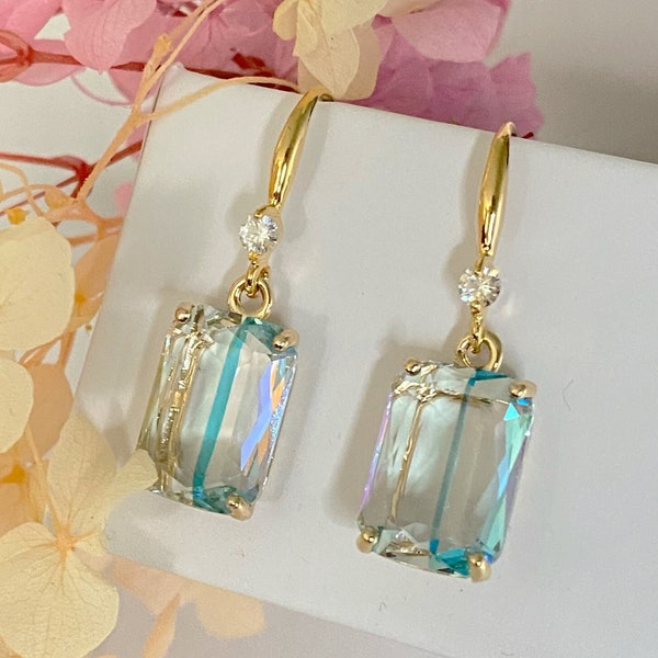 Delicate Light Blue Earrings with Drop Crystal, Beautiful Aqua Blue Dangle Earrings for Bridesmaids, Elegant Pale Green Jewelry for Wedding