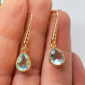 Aquamarine Drop Earrings, Gold Plated Hooks, Delicate Light Blue Teardrop Earrings, Dangle Aquamarine Earrings, March Birthstone