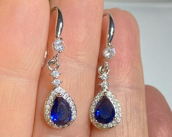 Sapphire Blue Long Drop Earrings, Dangle Blue Zirconia Earrings, Blue Art Deco' Teardrop Earrings, September Gift, Sapphire Jewellery UK