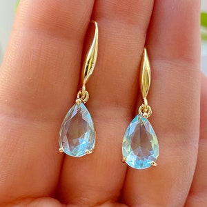 Aquamarine Earrings Drop Gold Plated, Delicate Light Blue Teardrop Earrings, Mother's Day Gift, Statement Earrings, March Birthstone