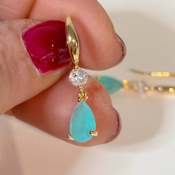 Aqua Green Drop Earrings, Delicate Green Mint Crystal Teardrop, Gold Plated Hooks, Gift for Her, Bridesmaid Earrings, Summer Gift