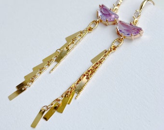 Purple Long Statement Earrings, Gold Plated Chain Fringe, Dangle Purple Chandelier Earrings, Crystal Light Purple Drop Bridal Earrings