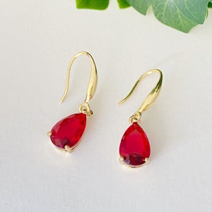 Red Crystal Drop Earring, Dainty Ruby Gold Plated Fish Ear, Red Dangle Earrings Ear Wire, Red Wedding Jewellery.