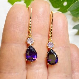 Purple drop earrings, gold plated hooks.