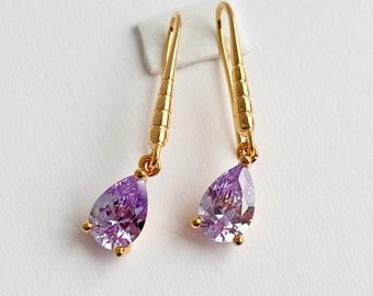 Lilac Earrings, Drop Crystal Earrings, Gold Plated Hook, Dangle Earrings, Small Earrings, Tiny Drop Earrings, Birthday's Gift, Gift for her