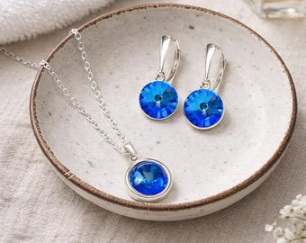 Elegant 925 Silver Blue Crystal Necklace & Earrings Gift