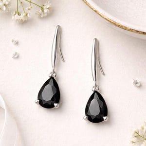 Black Teardrop Earrings: Sterling Silver Hooks, Crystal Glass Drops