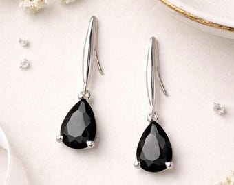 Black Teardrop Earrings: Sterling Silver Hooks, Crystal Glass Drops