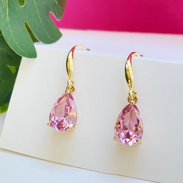 Large Pink Drop Earrings, Gold Plated Hooks, Crystal Pink Dangle Earrings, Delicate Pink Gold Earrings, Blush Rose Earrings