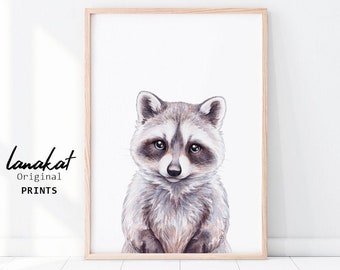 Baby Raccoon PRINT. Raccoon Watercolor Art Print. Woodland Animals Nursery Print. Forest Animals Nursery Kids Playroom Baby Room Wall Decor