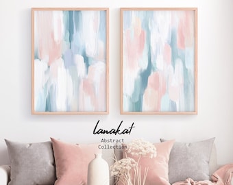 SET of 2 Pink & Blue Abstract PRINTS. Pastel Tones Abstract Canvas Paintings. Light Peaceful Serene Calming Modern Gallery Wall Art Decor